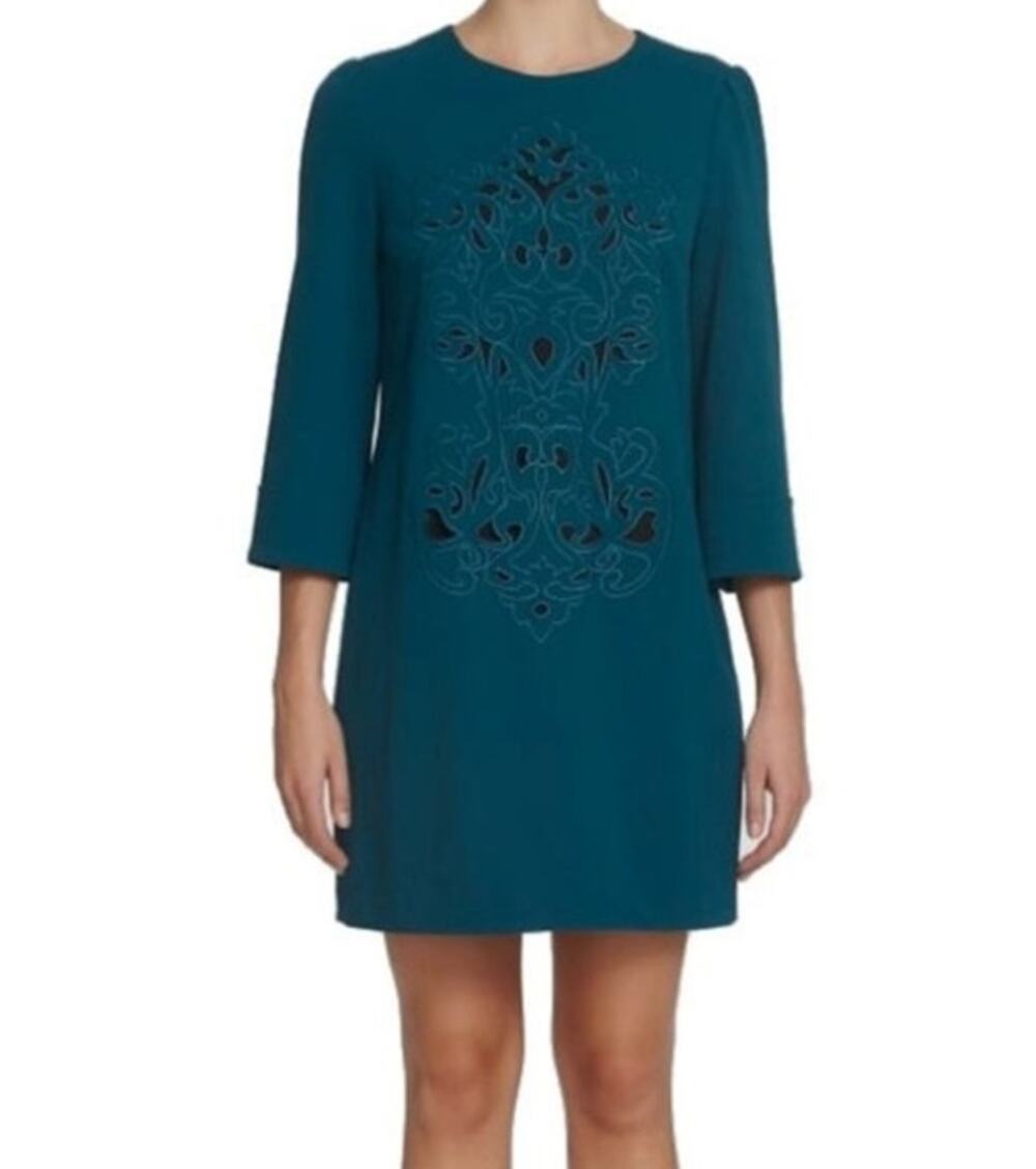 CYNTHIA STEFFE Dark Teal Green Anya Embroidered Shift Dress 3/4 Sleeve Size 6